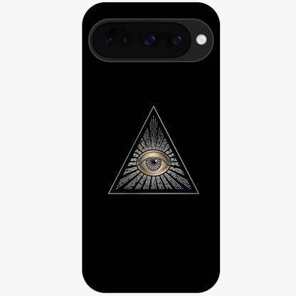 Illuminati Evil Glass Case showing flat back view with mysterious illuminati symbol artwork and glossy glass finish.