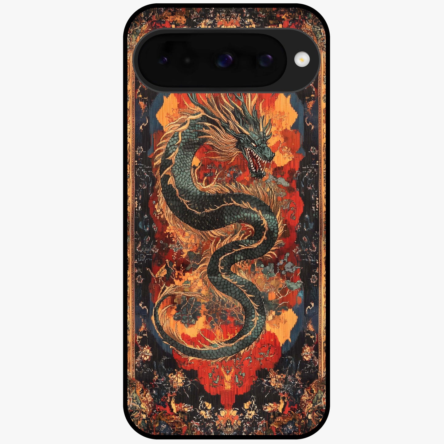 Inferno Dragon Soul Glass Case showing flat back view with fiery dragon artwork and glossy glass finish.
