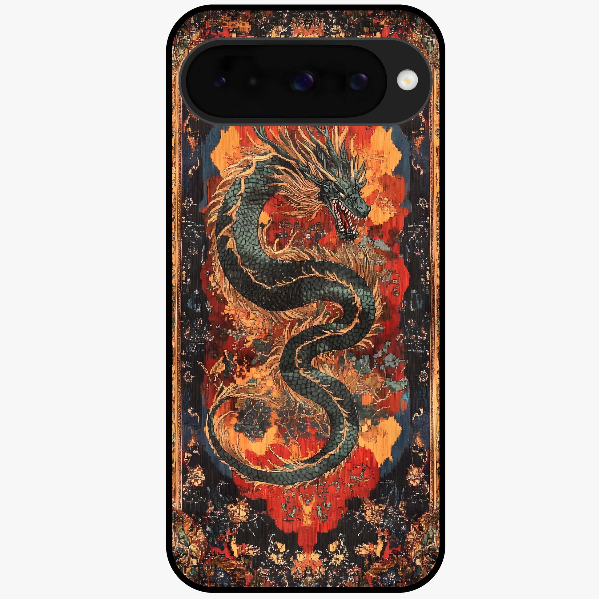 Inferno Dragon Soul Glass Case showing flat back view with fiery dragon artwork and glossy glass finish.