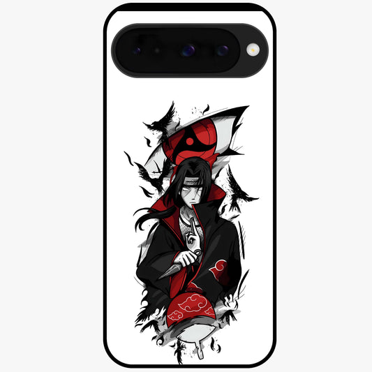 Itachi Sharingan Glass Case showing flat back view with powerful anime eye artwork and glossy glass finish.