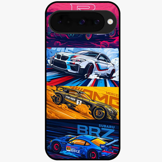 JDM Sports Car Glass Case showing flat back view with high performance sports car artwork and glossy glass finish.