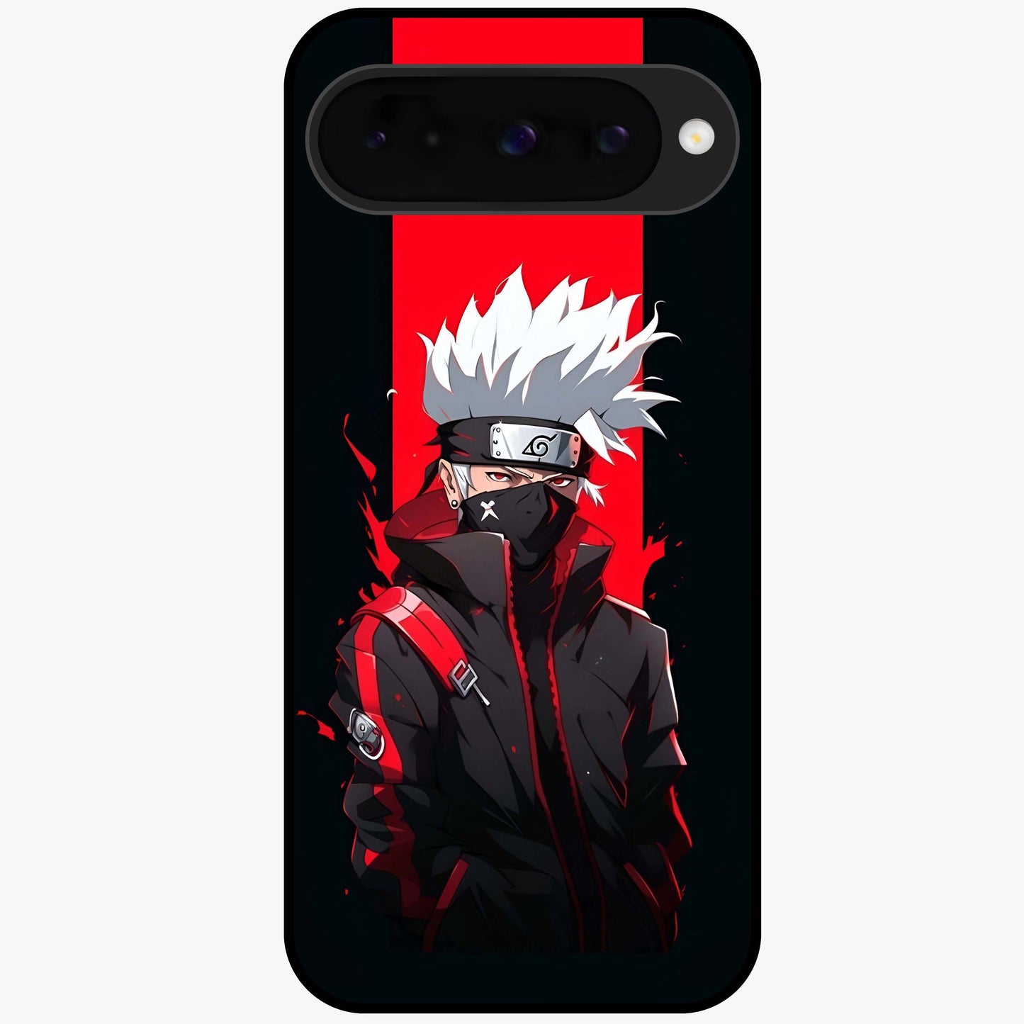 Kakashi Scarlet Shadow Glass Case showing flat back view with powerful anime ninja artwork and glossy glass finish.