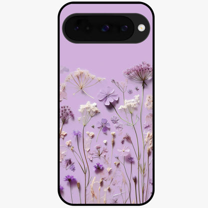 Lavender Blossom Dream Glass Case showing flat back view with soft lavender floral artwork and glossy glass finish.