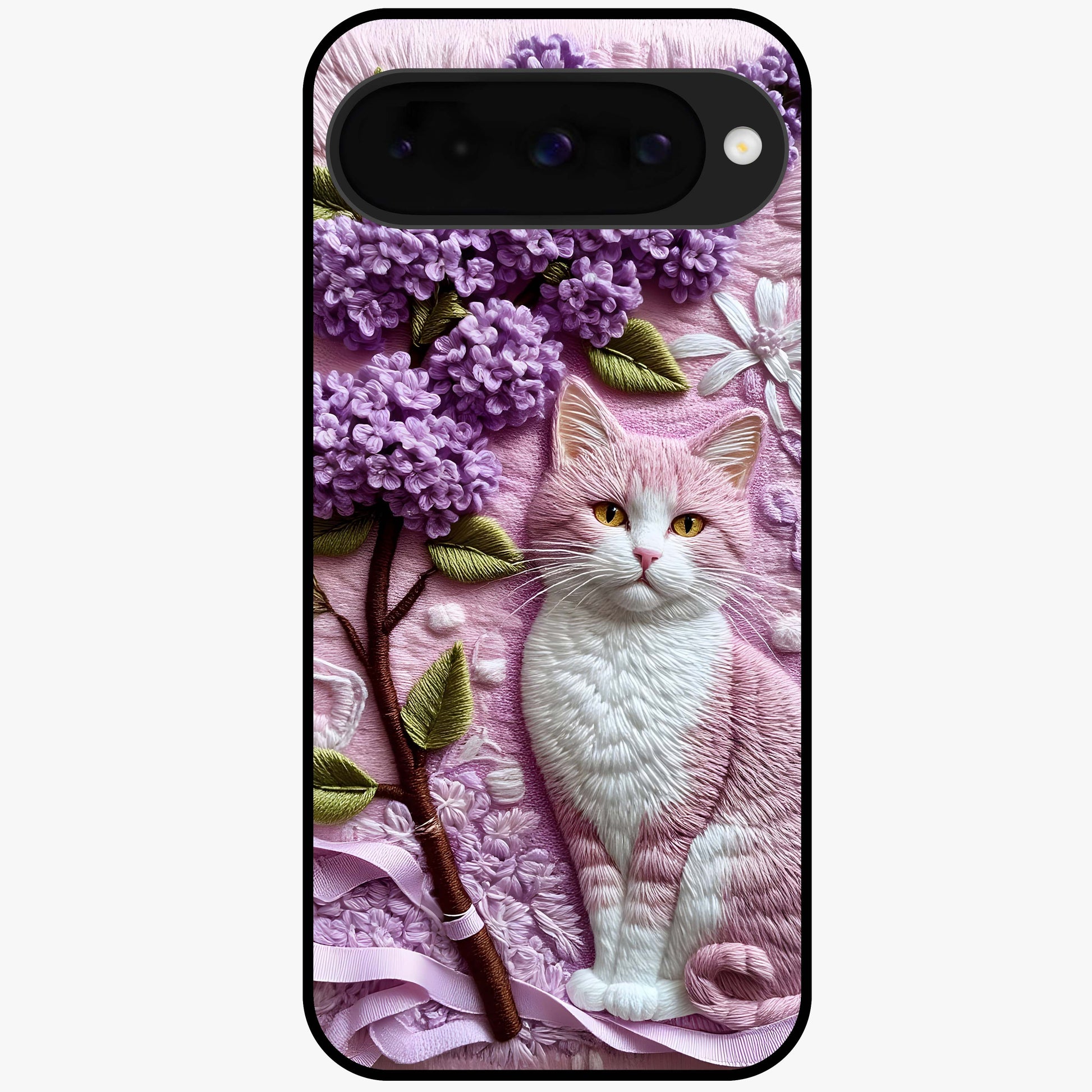 Lavender Cat Whimsy Glass Case showing flat back view with cute lavender cat artwork and glossy glass finish.