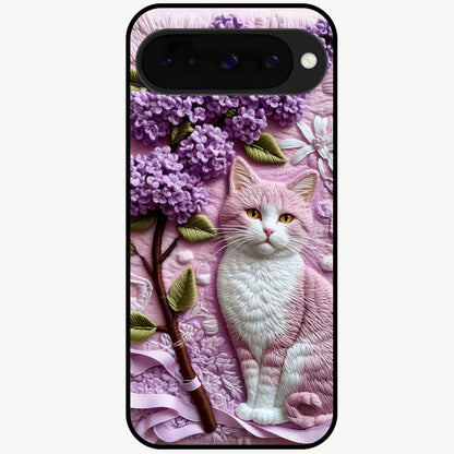 Lavender Cat Whimsy Glass Case showing flat back view with cute lavender cat artwork and glossy glass finish.