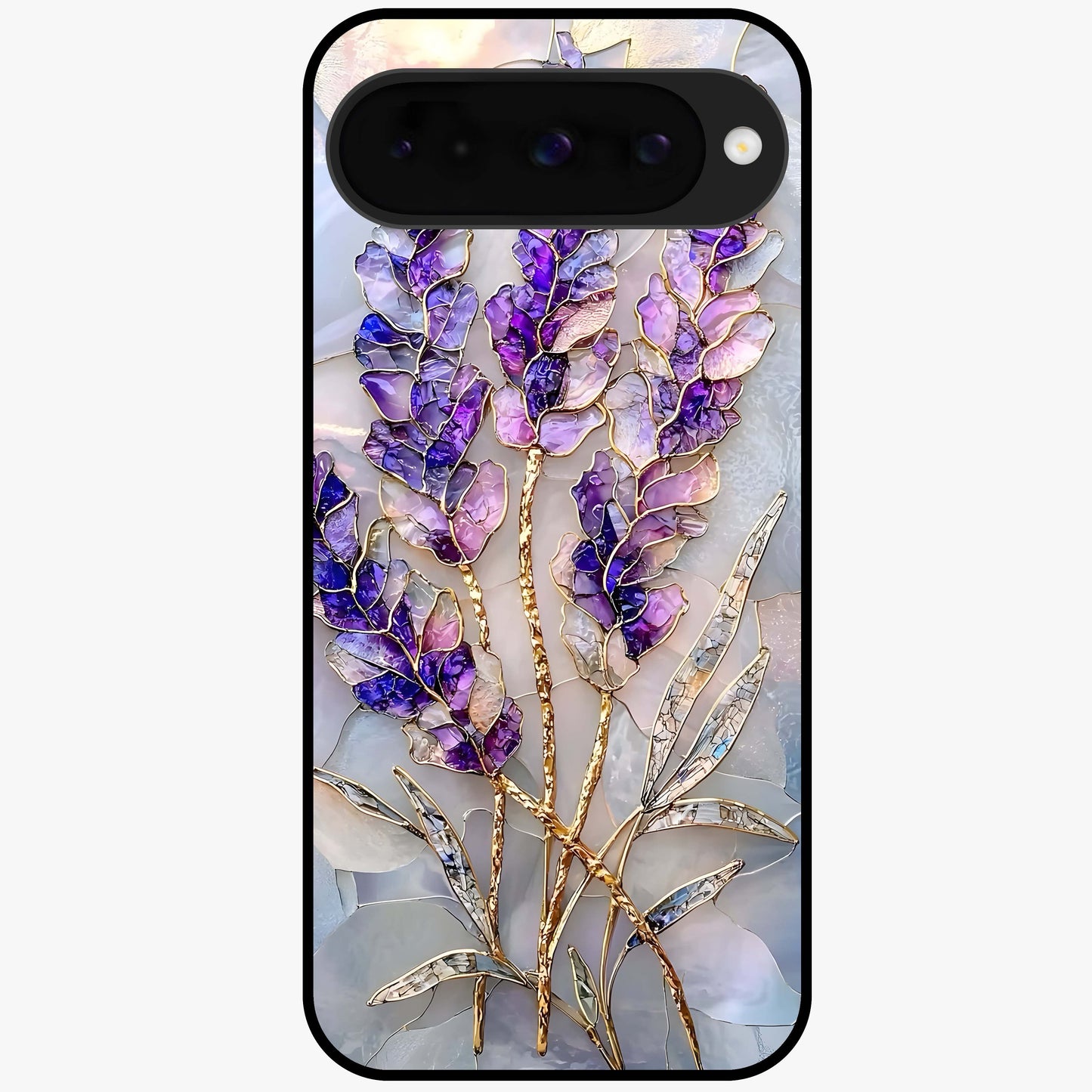 Lavender Dream Glow Glass Case showing flat back view with glowing lavender aesthetic artwork and glossy glass finish.
