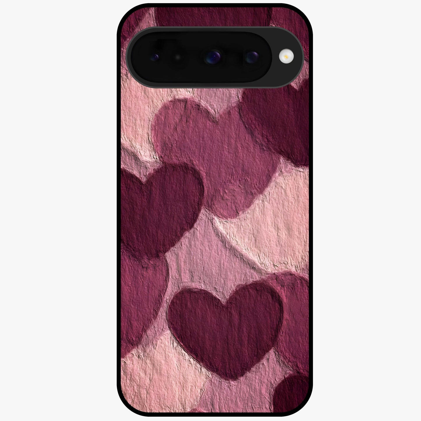 Layered Paper Hearts Glass Case showing flat back view with layered paper heart artwork and glossy glass finish.
