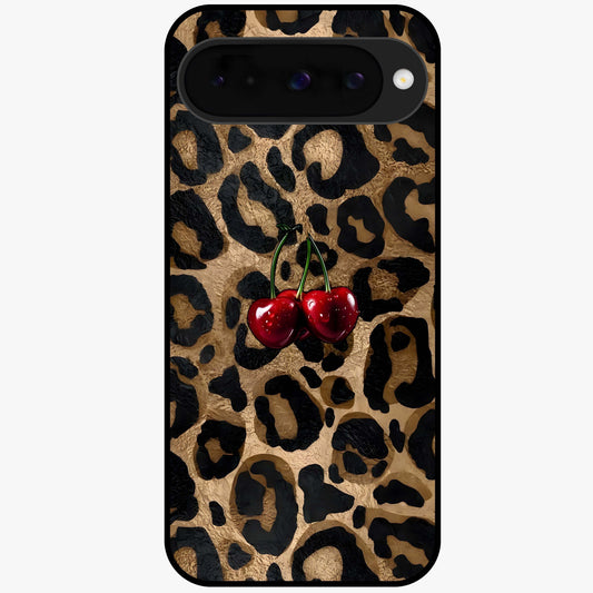 Leopard Wild Cherry Glass Case showing flat back view with leopard pattern and cherry artwork and glossy glass finish.