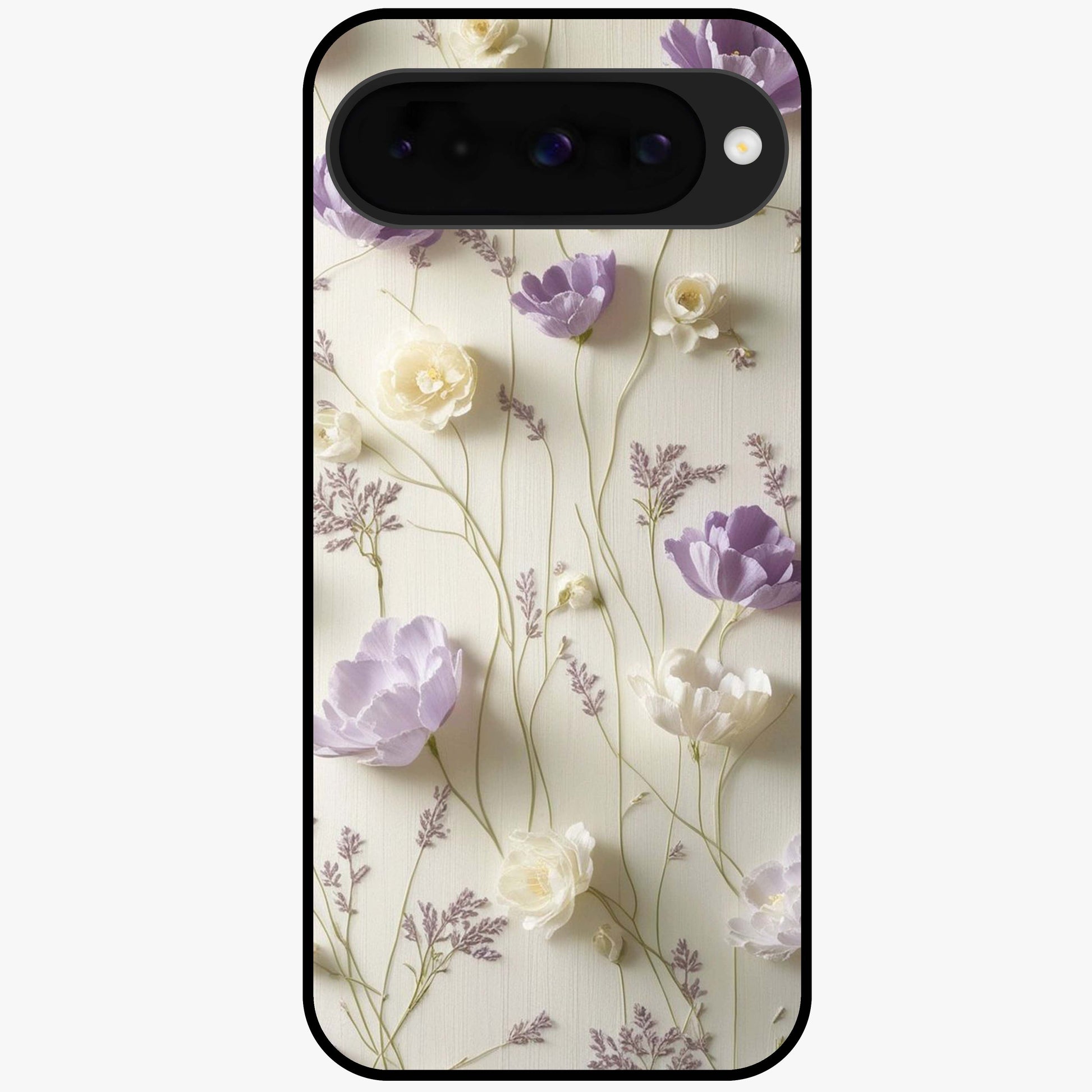 Lilac Breeze Harmony Glass Case showing flat back view with soft lilac themed artwork and glossy glass finish.