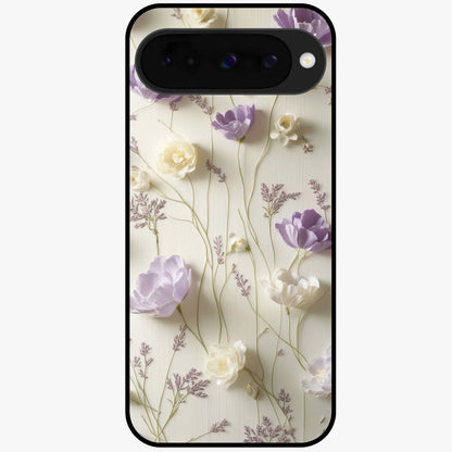 Lilac Breeze Harmony Glass Case showing flat back view with soft lilac themed artwork and glossy glass finish.