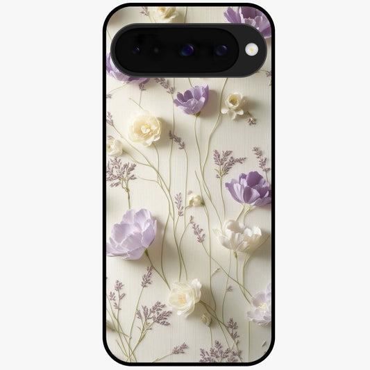 Lilac Breeze Harmony Glass Case showing flat back view with soft lilac themed artwork and glossy glass finish.