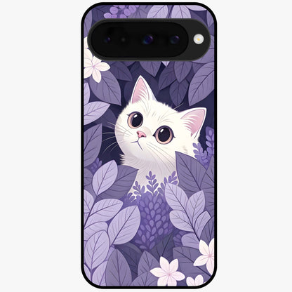 Lilac Hide Peek Cat Glass Case showing flat back view with cute peeking cat artwork and glossy glass finish.