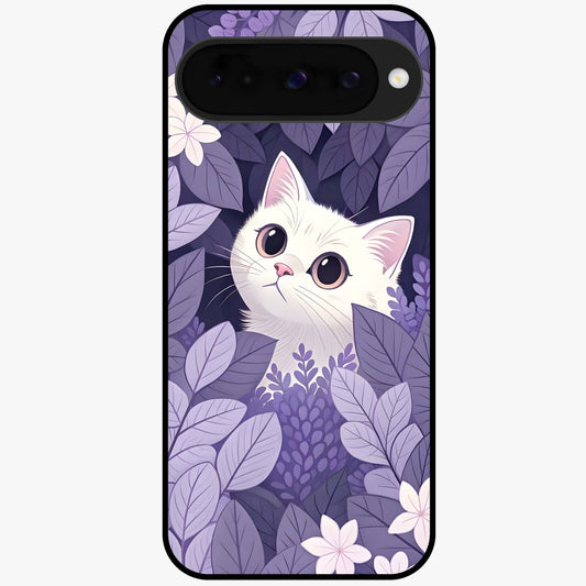 Lilac Hide Peek Cat Glass Case showing flat back view with cute peeking cat artwork and glossy glass finish.