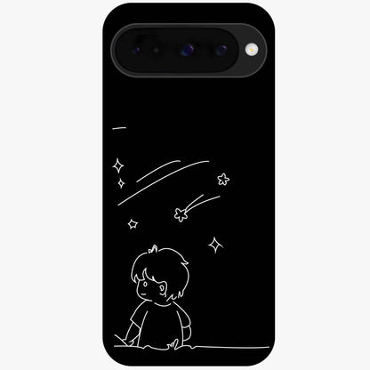Line Art Boy With Shooting Stars Glass Case showing flat back view with minimal line art boy and shooting stars illustration and glossy glass finish.