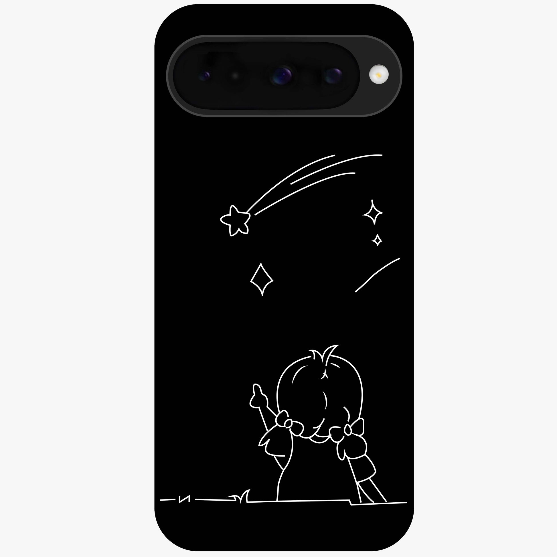 Line Art Girl With Shooting Stars Glass Case showing flat back view with minimal line art girl and shooting stars illustration and glossy glass finish.