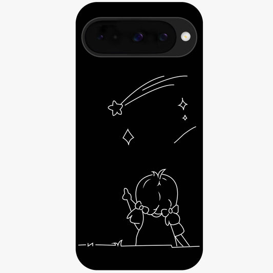 Line Art Girl With Shooting Stars Glass Case showing flat back view with minimal line art girl and shooting stars illustration and glossy glass finish.