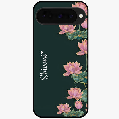 Lotus Bloom Serenity Custom Name Glass Case showing flat back view with elegant lotus flower artwork and personalized name design.