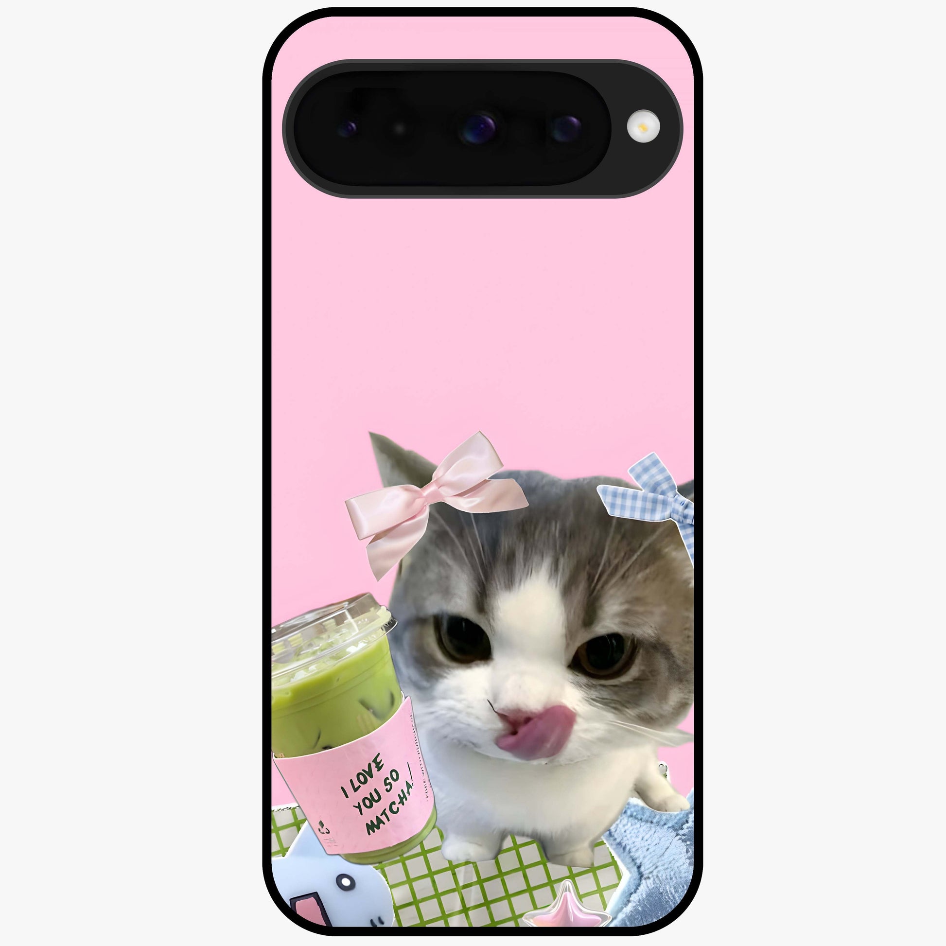 Love Matcha Cat Glass Case showing flat back view with cute cat and matcha themed artwork and glossy glass finish.