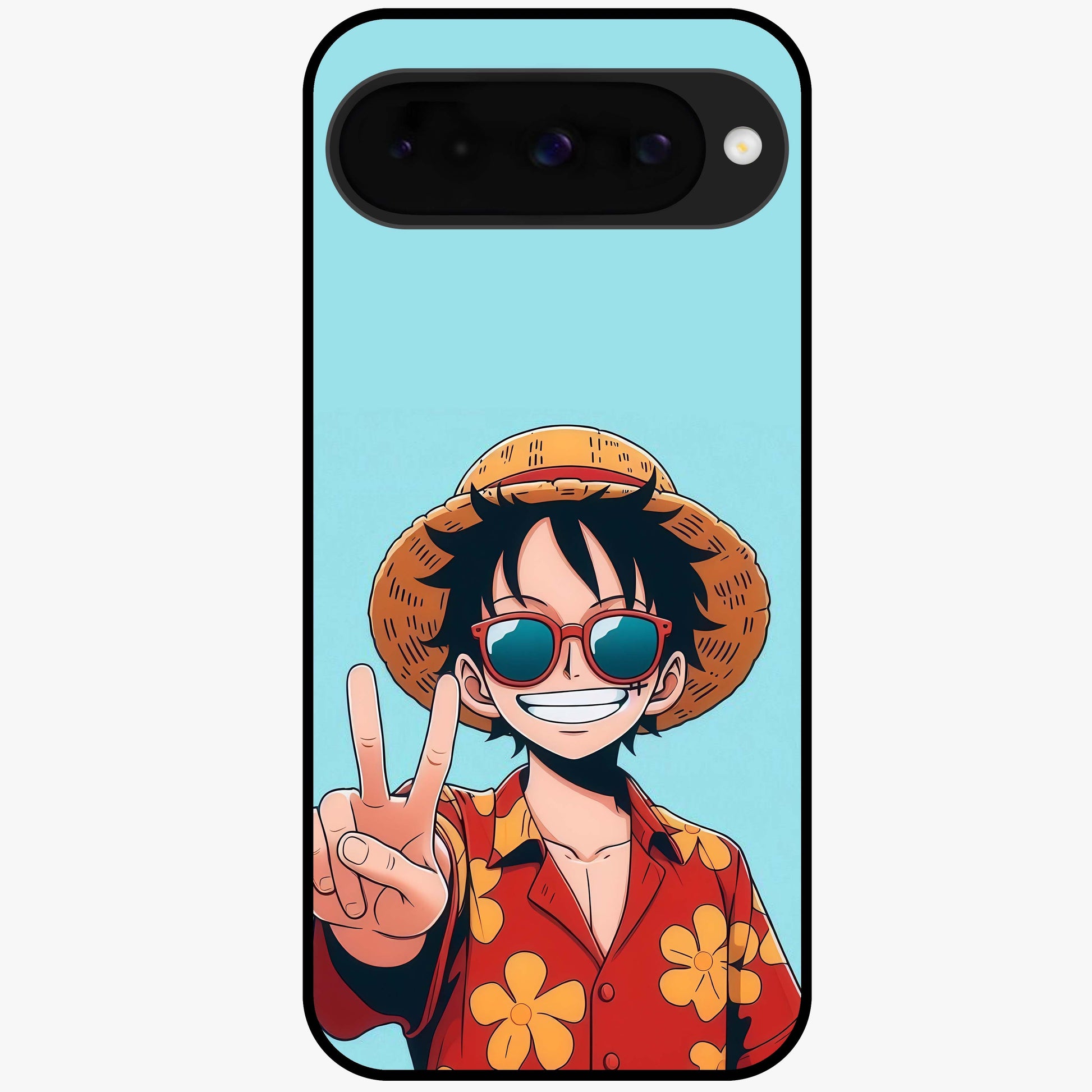 Luffy Summer Anime Vibe Glass Case showing flat back view with vibrant anime character artwork and glossy glass finish.