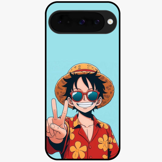 Luffy Summer Anime Vibe Glass Case showing flat back view with vibrant anime character artwork and glossy glass finish.