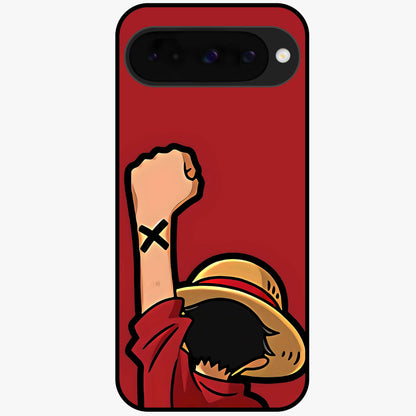 Luffy X Spirit Glass Case showing flat back view with bold anime character artwork and glossy glass finish.