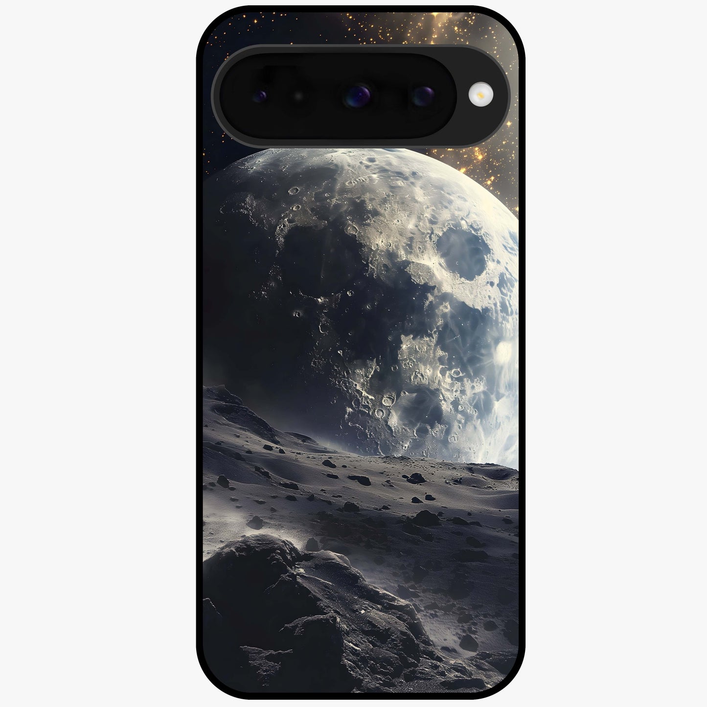 Lunar Horizon Glow Glass Case showing flat back view with glowing moon horizon artwork and glossy glass finish.
