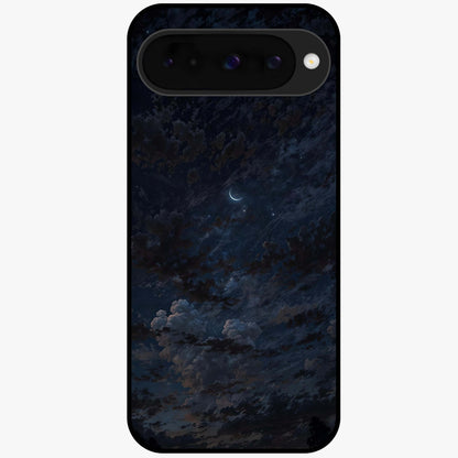 Lunar Veil Silence Glass Case showing flat back view with mystical moon veil artwork and glossy glass finish.