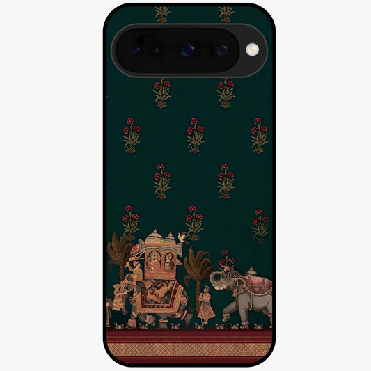 Macmerise Glass Case showing flat back view with stylish modern artwork and glossy glass finish.