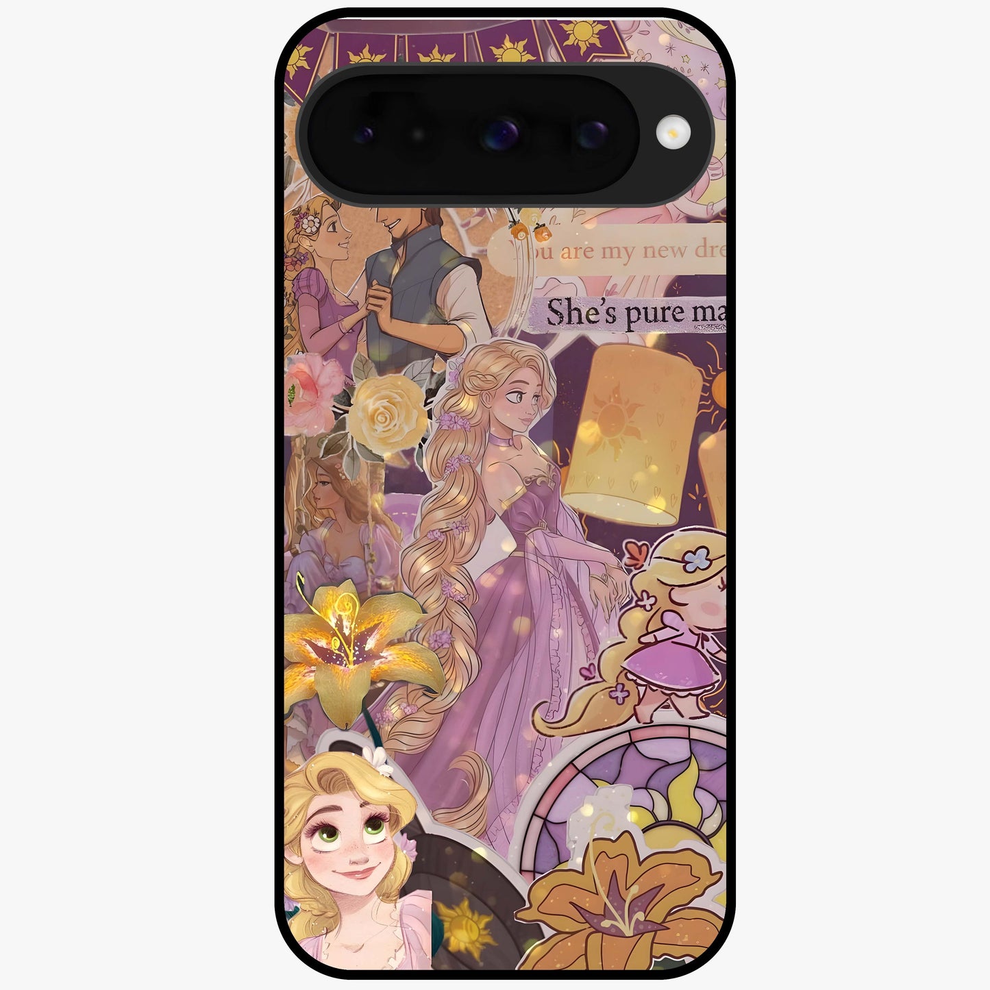 Magical Tangled Dream Glass Case showing flat back view with dreamy tangled artwork and glossy glass finish.