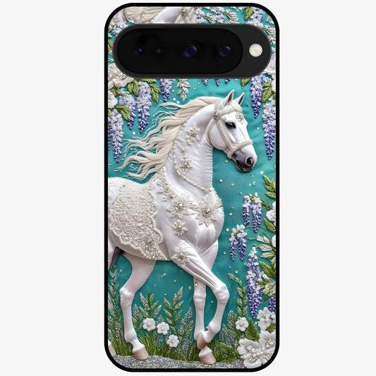 Majestic Floral Stallion Glass Case showing flat back view with powerful horse and floral artwork and glossy glass finish.