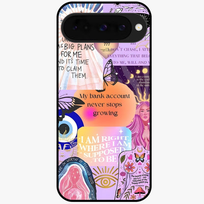 Manifestation Collage Glass Case showing flat back view with motivational collage artwork and glossy glass finish.