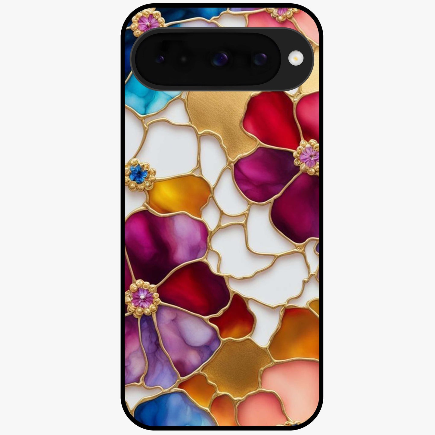 Marble Flower Pattern Glass Case showing flat back view with marble texture floral artwork and glossy glass finish.