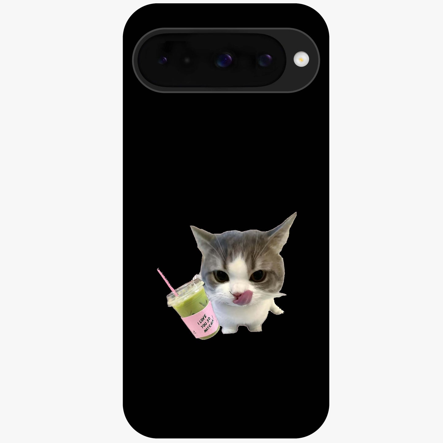 Matcha Cat Style Glass Case showing flat back view with cute matcha themed cat artwork and glossy glass finish.