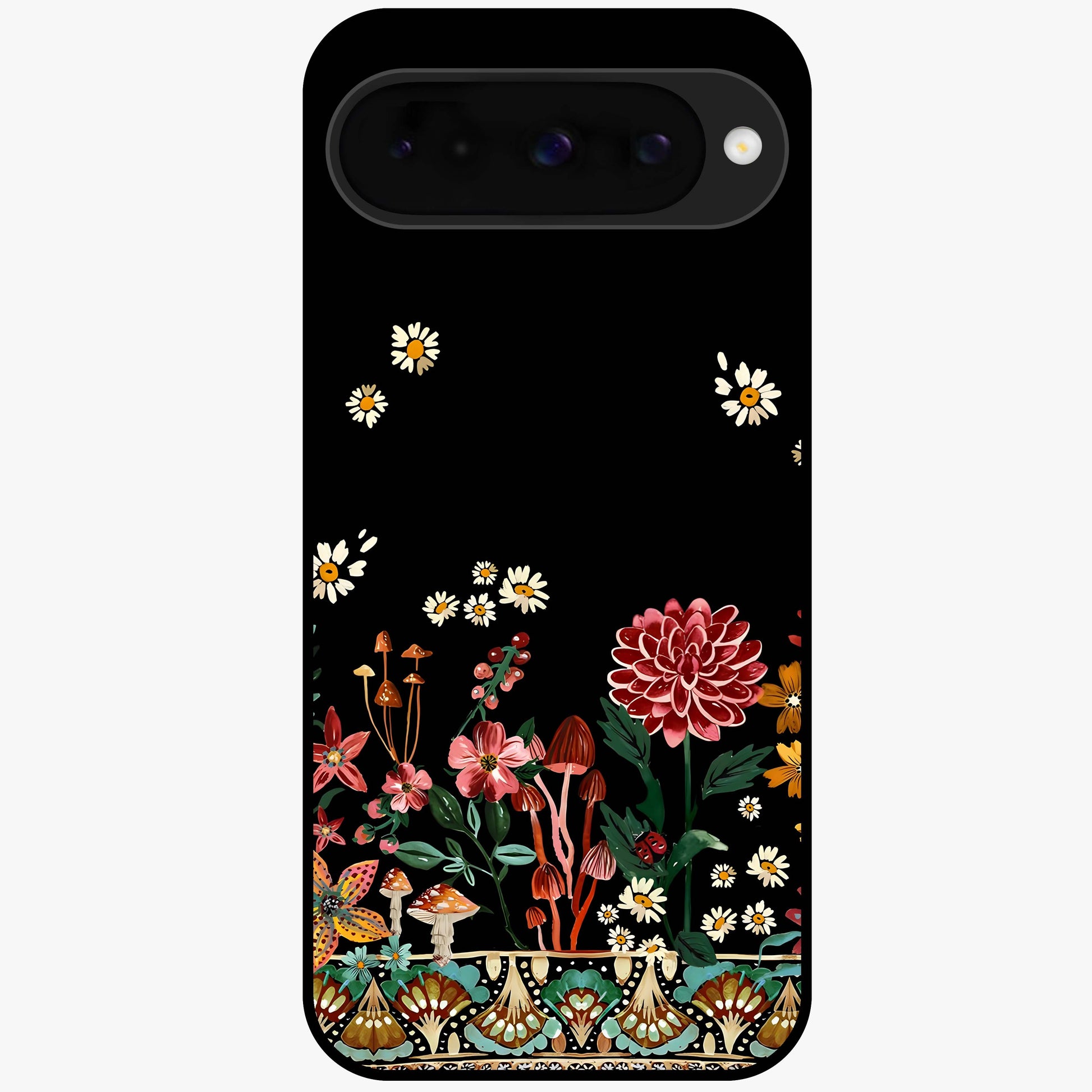 Midnight Bloom Pattern Glass Case showing flat back view with dark floral pattern artwork and glossy glass finish.