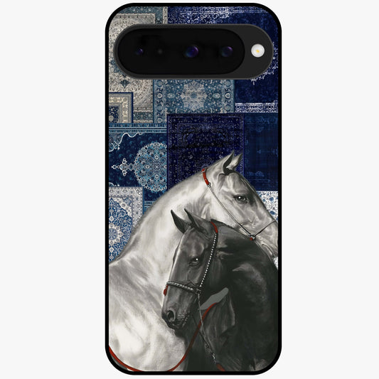 Midnight Stallion Blues Glass Case showing flat back view with majestic horse artwork and glossy glass finish.