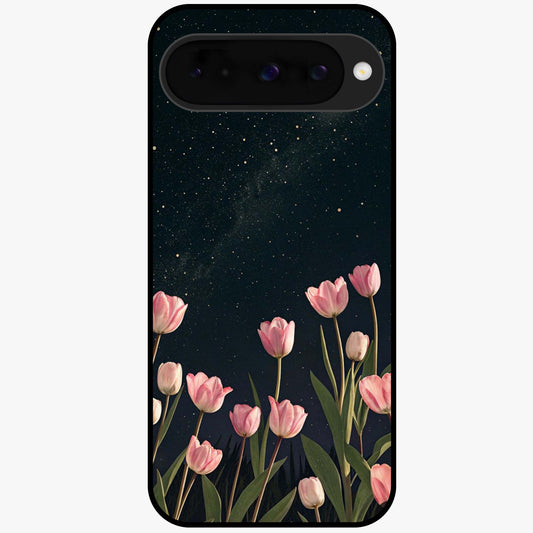 Midnight Tulip Whispers Vibe Glass Case showing flat back view with elegant tulip flower artwork and glossy glass finish.