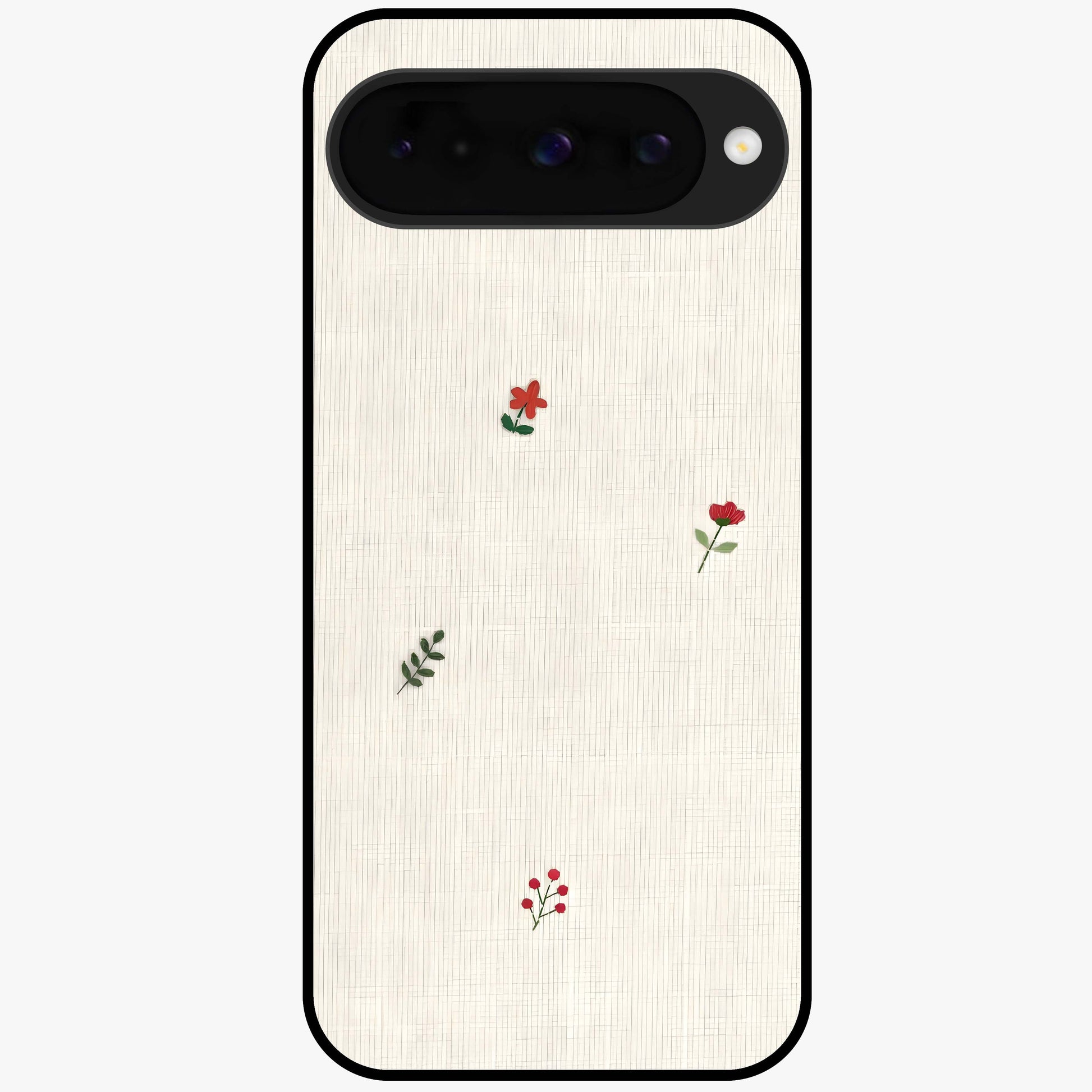 Minimal Petal Whispers Glass Case showing flat back view with soft minimal floral artwork and glossy glass finish.