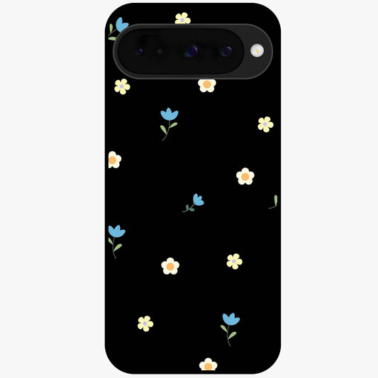 Minimalistic Blue With White Flower Pattern Glass Case showing flat back view with blue background and white flower pattern and glossy glass finish.