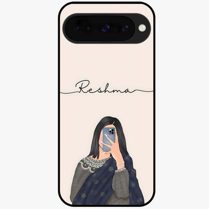 Mirror Mood Muse With Custom Name Glass Case showing flat back view with stylish mirrored artwork and personalized name design.
