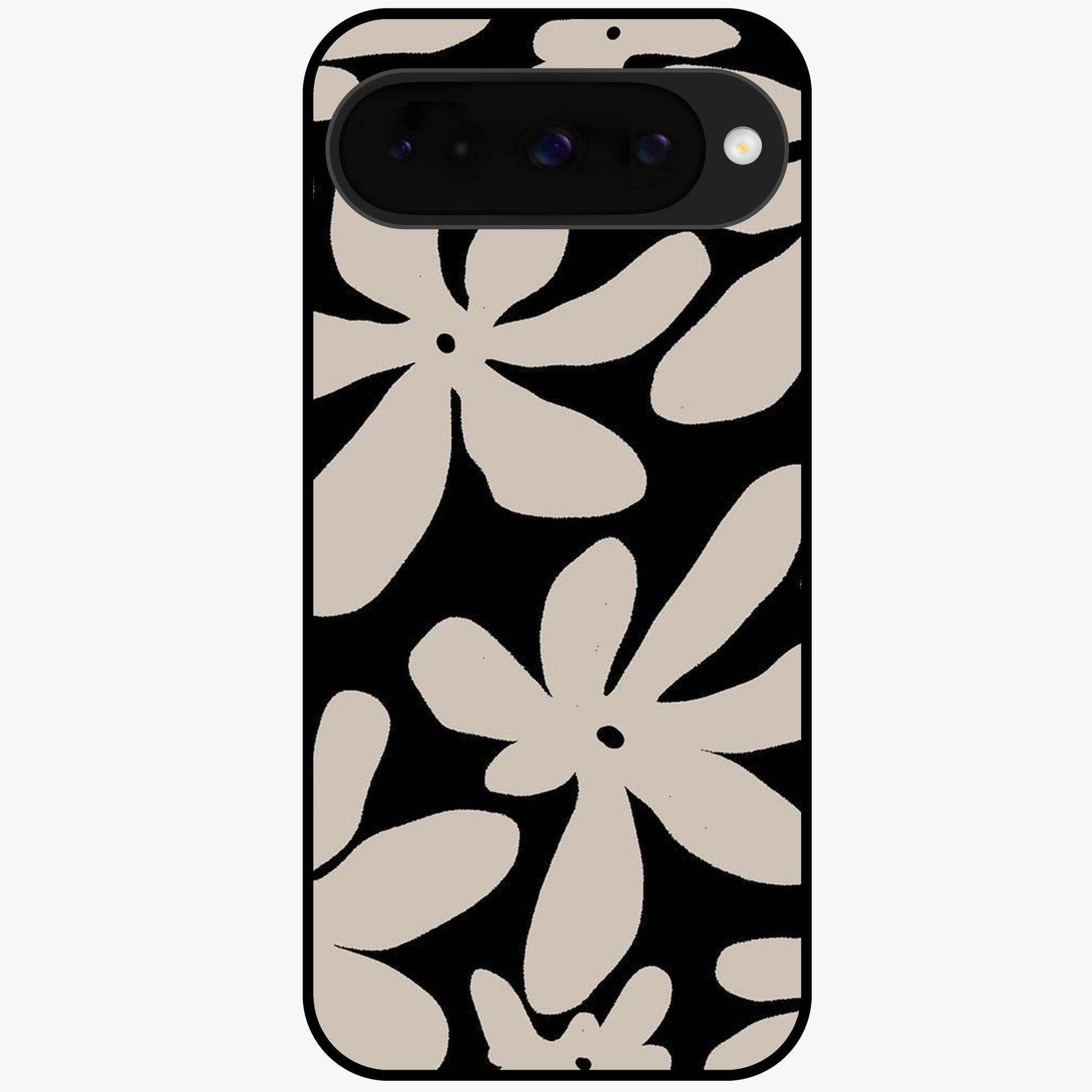 Monochrome Petal Dance Glass Case showing flat back view with monochrome floral artwork and glossy glass finish.