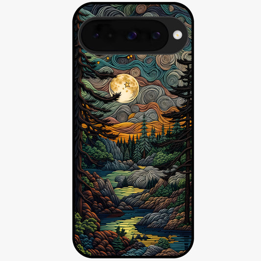 Moonlight Forest Dream Glass Case showing flat back view with mystical forest moonlight artwork and glossy glass finish.