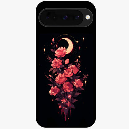 Moonlit Floral Elegance Glass Case showing flat back view with elegant floral artwork under moonlit tones and glossy glass finish.