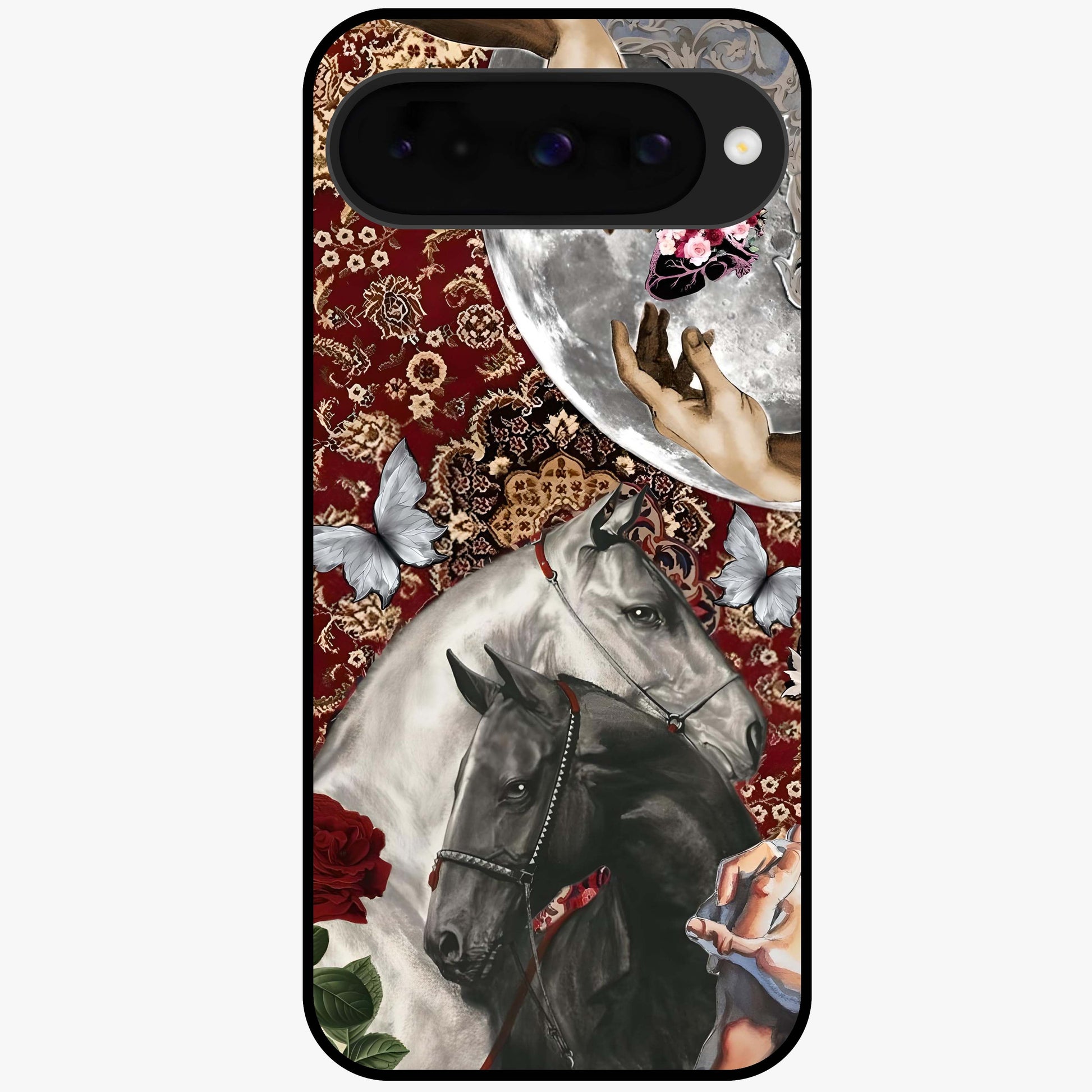 Moonlit Royal Stallion Glass Case showing flat back view with majestic horse under moonlight artwork and glossy glass finish.
