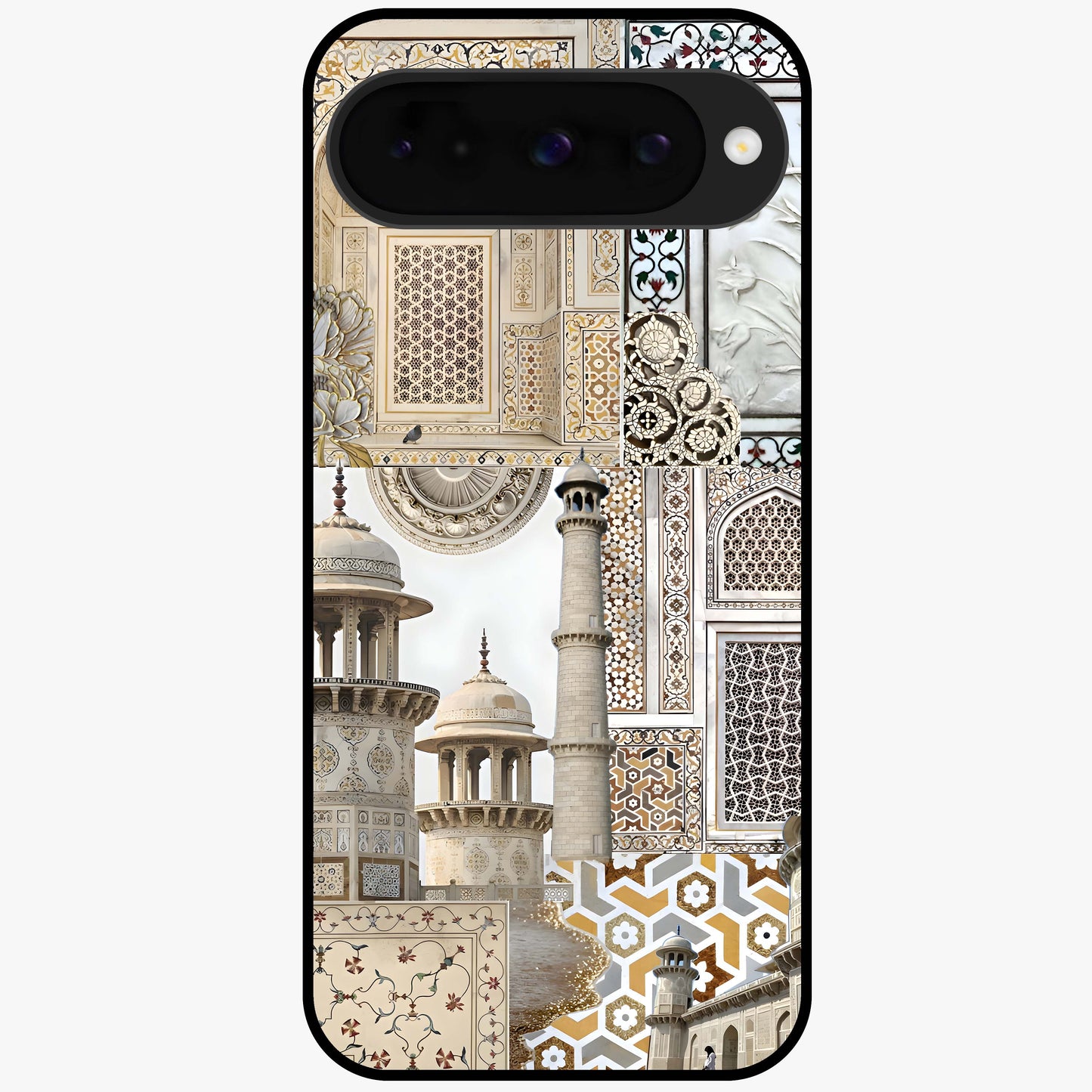 Mughal Marble Legacy Glass Case showing flat back view with intricate Mughal inspired marble pattern and glossy glass finish.