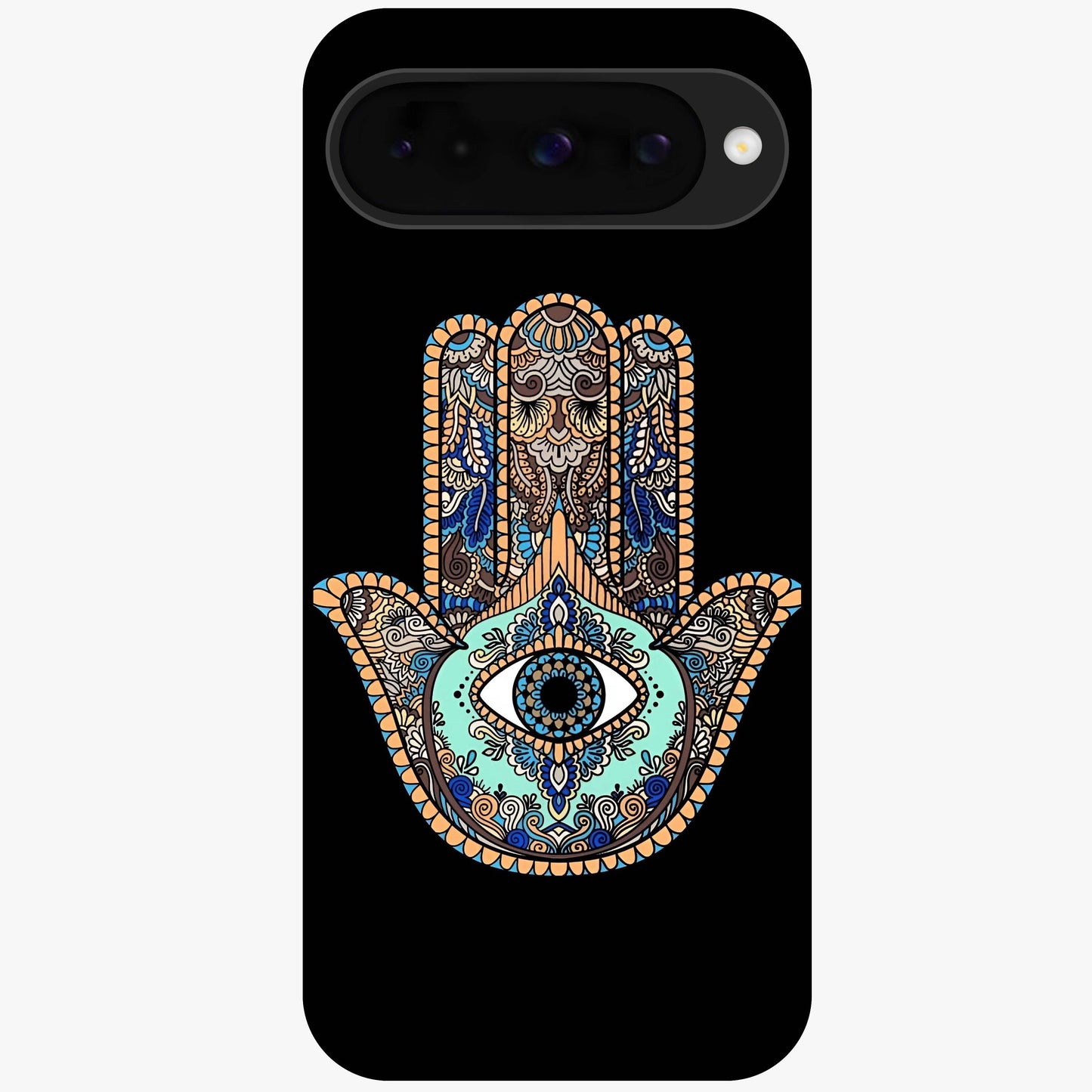 Mystic Hamsa Eye Glass Case showing flat back view with protective hamsa hand and evil eye artwork and glossy glass finish.