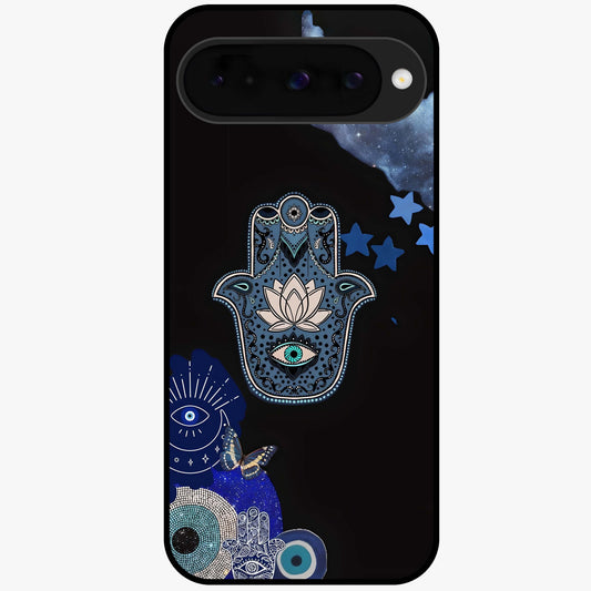 Mystic Hand Aura Glass Case showing flat back view with mystical hand symbol artwork and glossy glass finish.