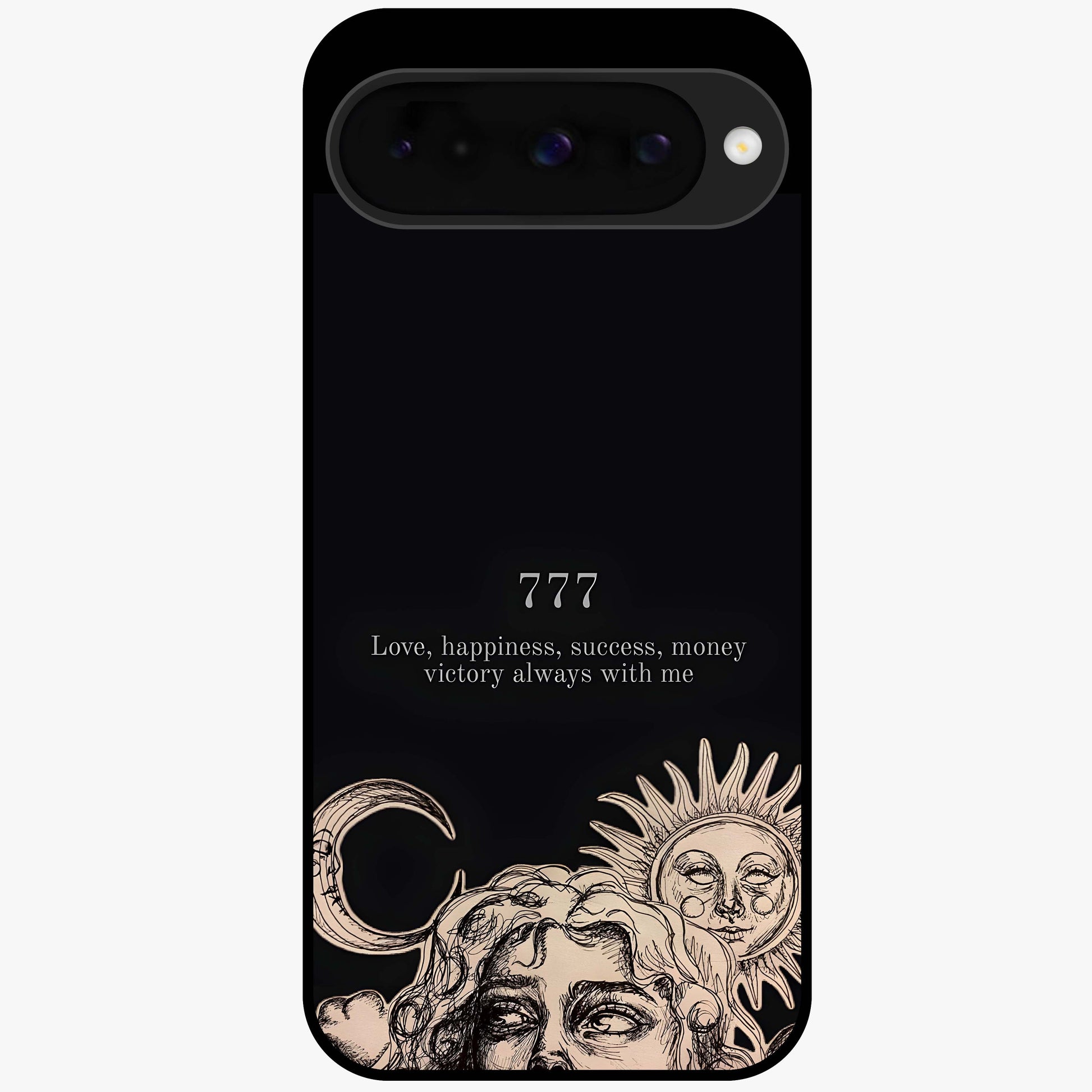 Mystic Victory Aura Glass Case showing flat back view with victory symbol artwork and glossy glass finish.