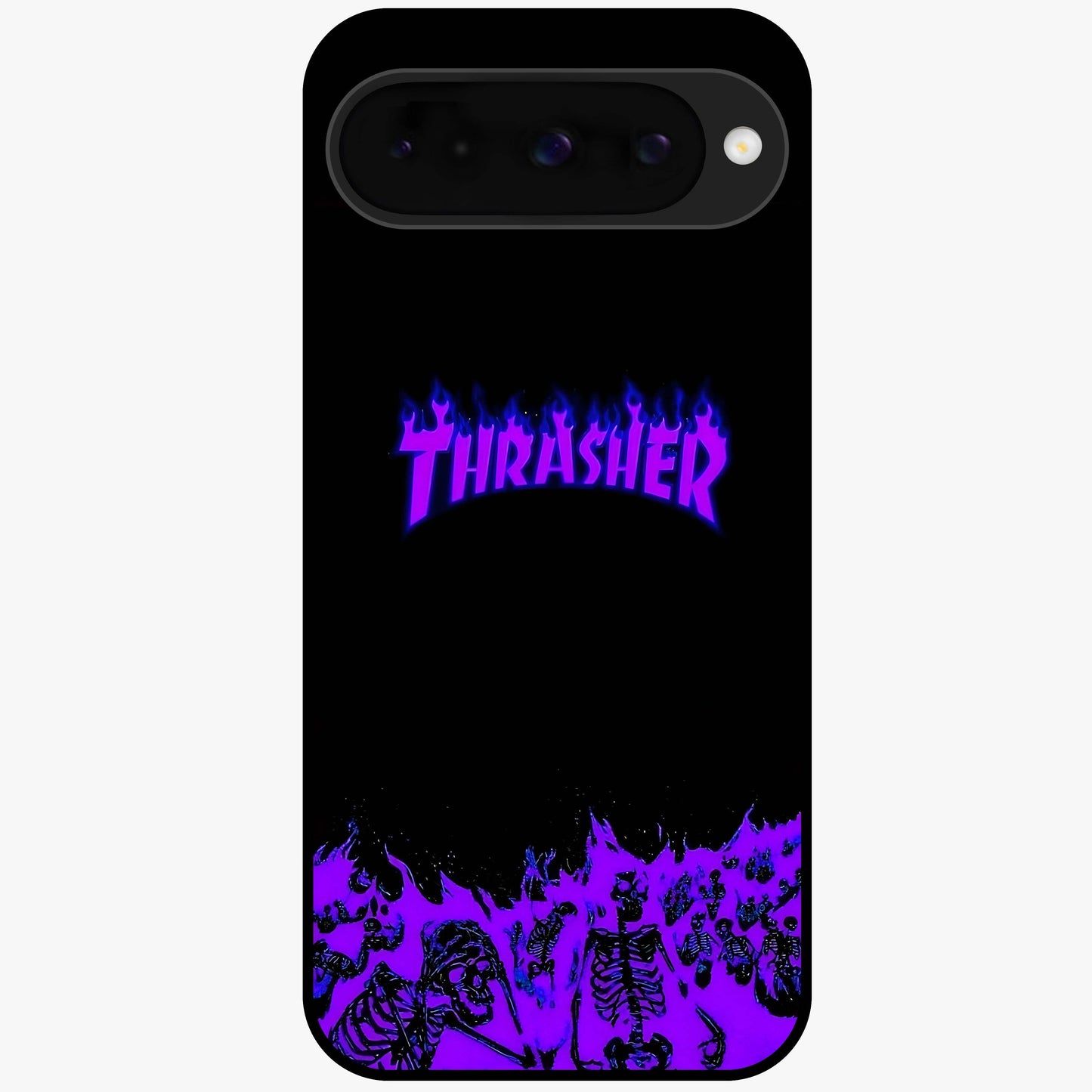 Neon Flame Riot Glass Case showing flat back view with neon flame artwork and glossy glass finish.