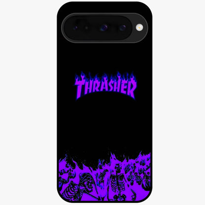 Neon Flame Riot Glass Case showing flat back view with neon flame artwork and glossy glass finish.