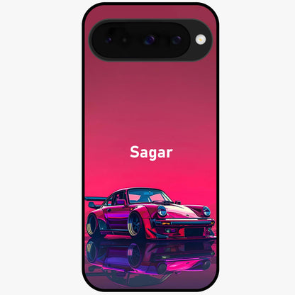 Neon Pink Porsche Glass Case showing flat back view with stylish sports car artwork and glossy glass finish.